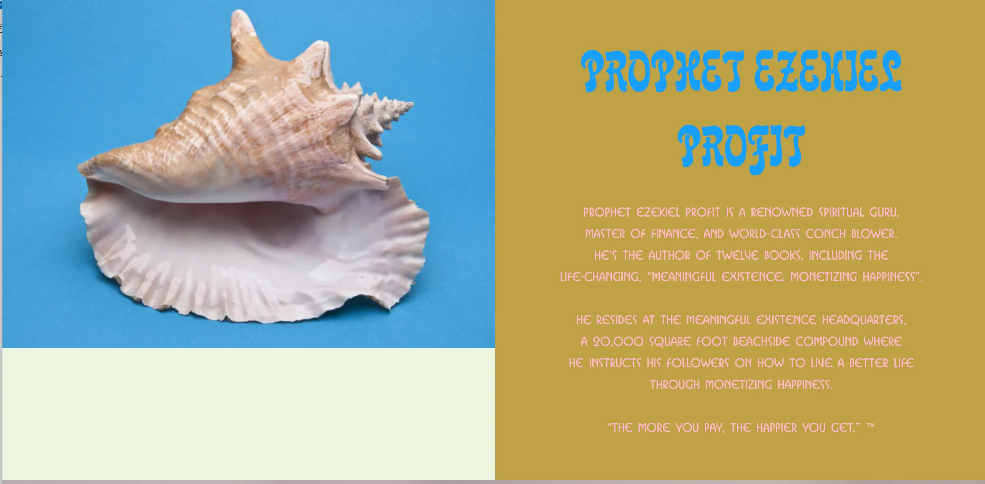 A conch shell sits beside text tauting Prophet Profit as a spiritual and financial guru. "The more you pay, the happier you get".