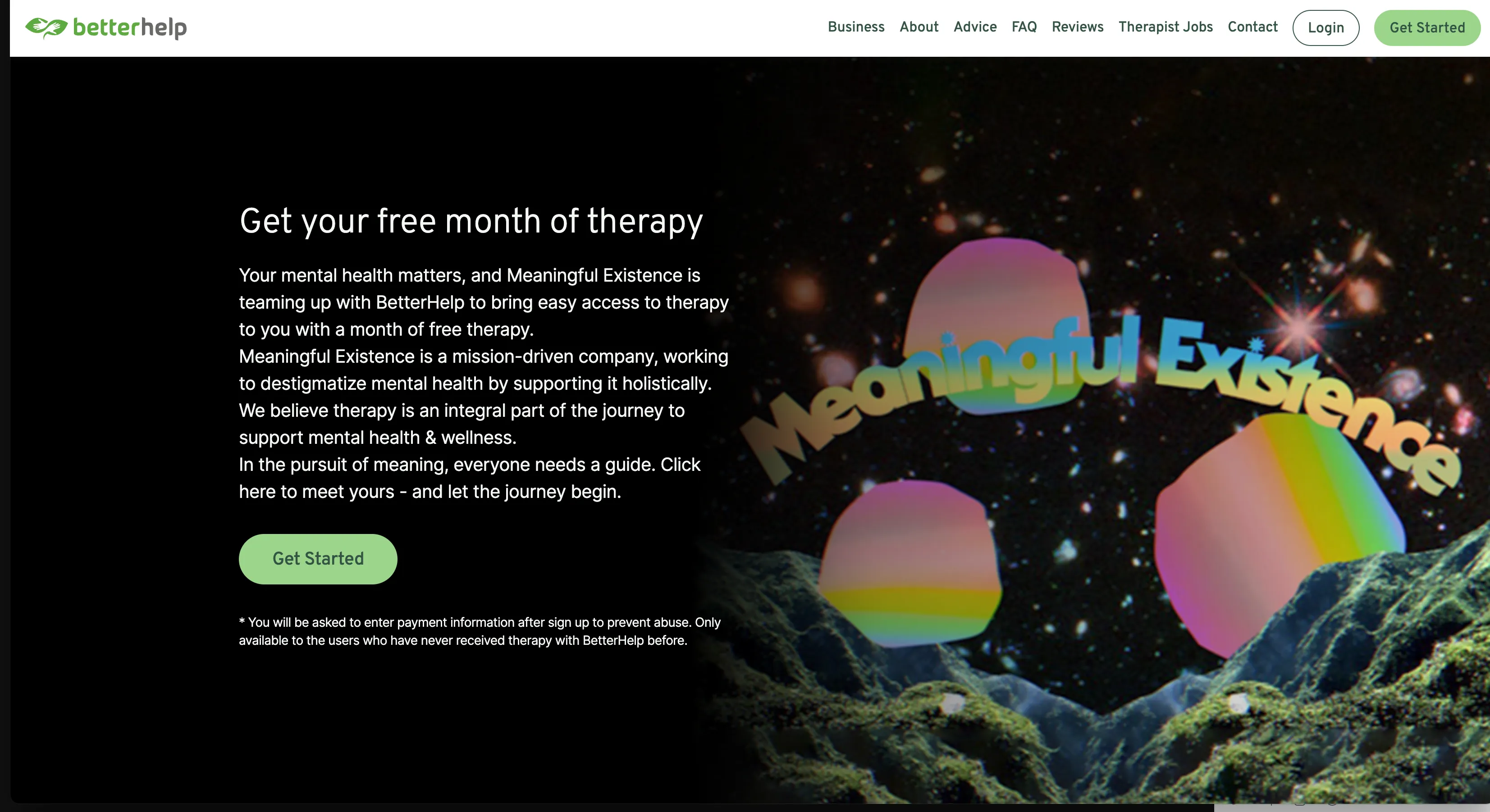 The BetterHelp website tauting their partnership with Prophet Profit and that you can get one free month of therapy via said partnership.