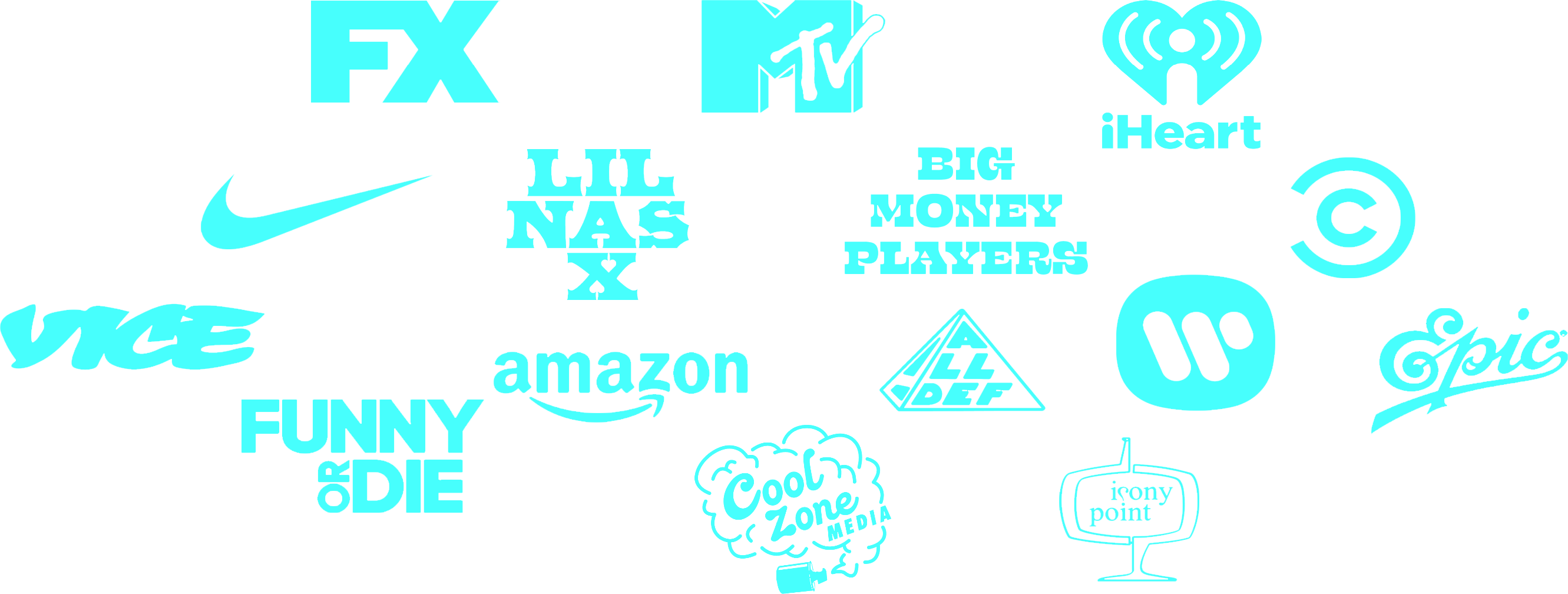 A collection of logos of previous Hotdog Sandwich clients including: FX, MTV, iHeartRadio, Nike, Lil Nas X, Vice, Amazon, Funny or Die, and more