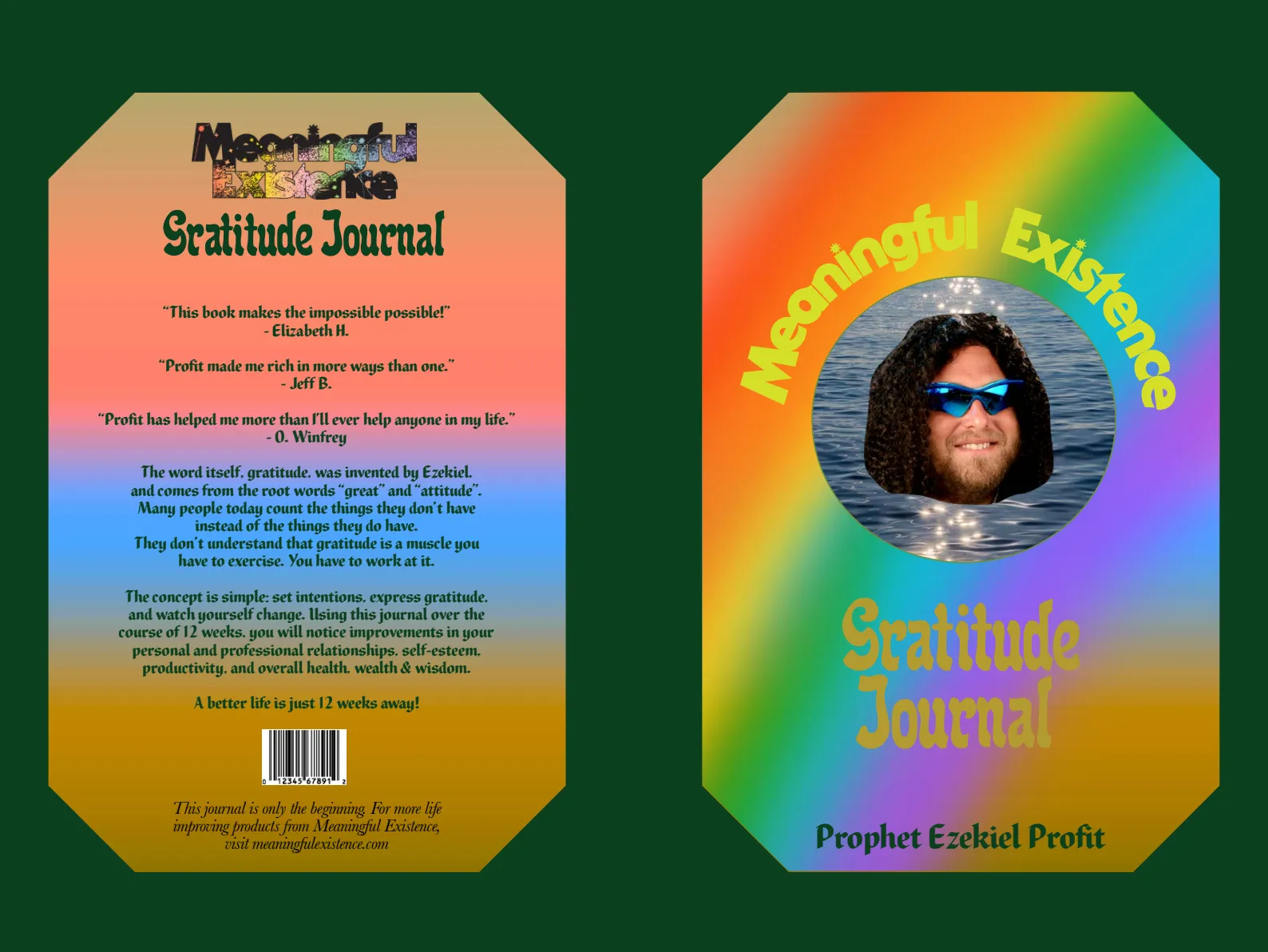The front and back covers of the Gratitude Journal, showing a smiling Profit and testimonials from "O. Winfrey" and "Jeff B."