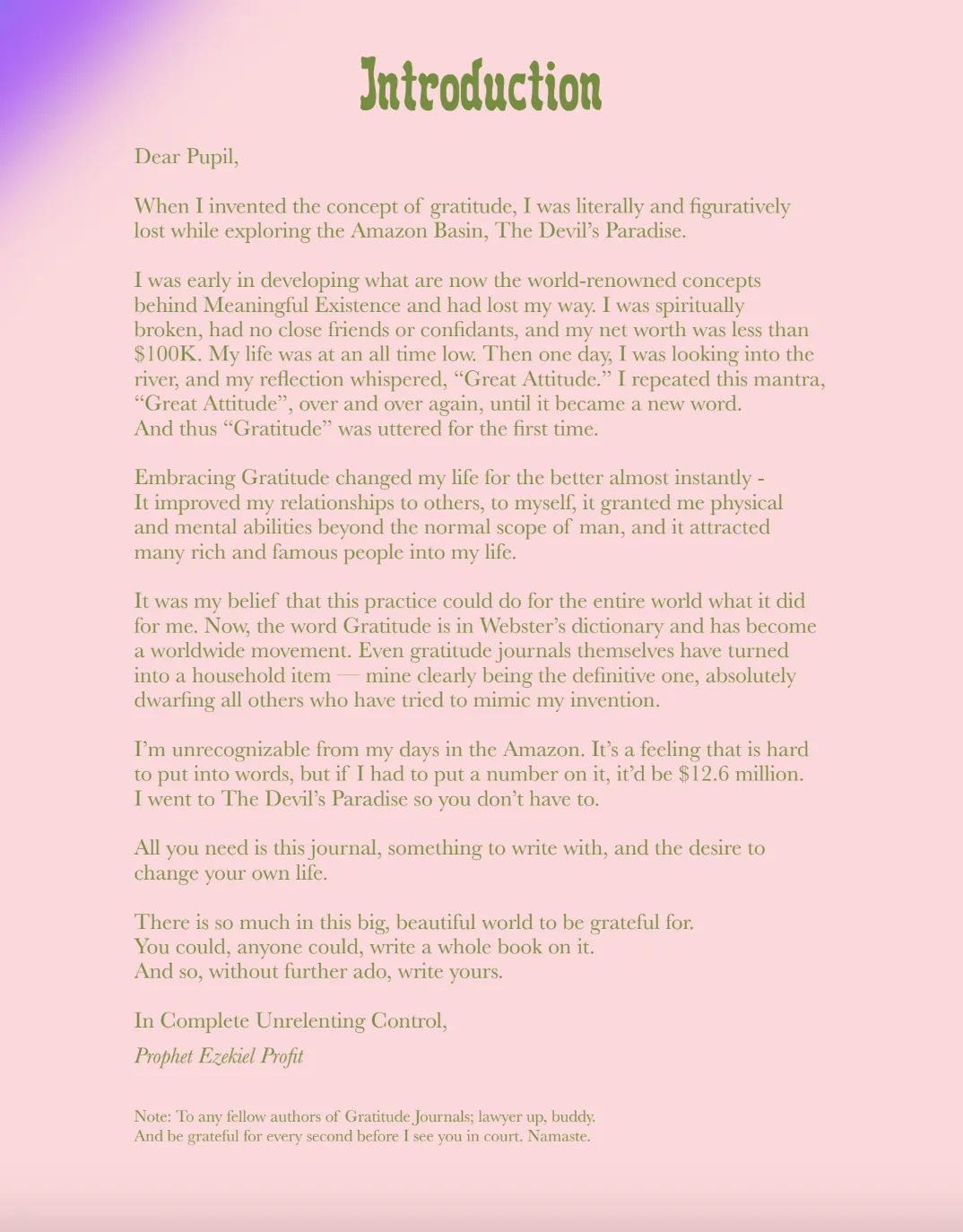 The introduction page to the Gratitude Journal. "All you need is this journal, something to write with, and the desire to change your own lite."