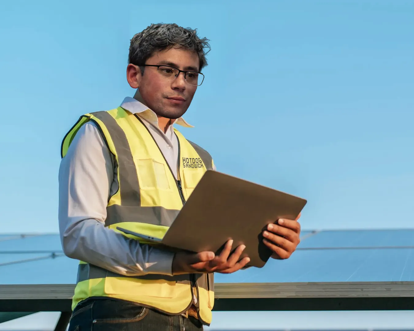 Malcolm in a high-vis vest holding a laptop.
