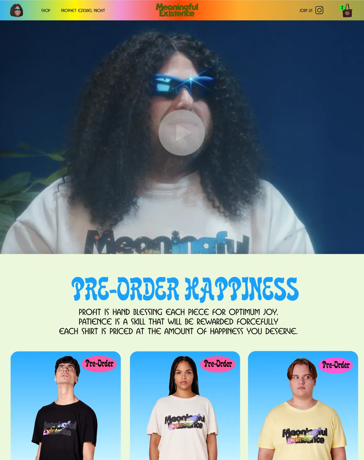 The Meaningful Existence shop page with a pre-order notice